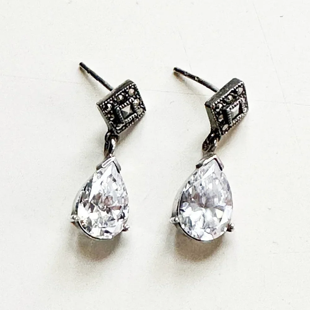 Marcasite & Cubic Zirconia Sterling Silver Earrings - Picture 1 of 3